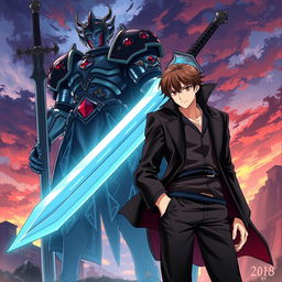A dynamic crossover illustration featuring Adachi from Persona, depicted with his stylish attire, flourishing a confident yet relaxed expression