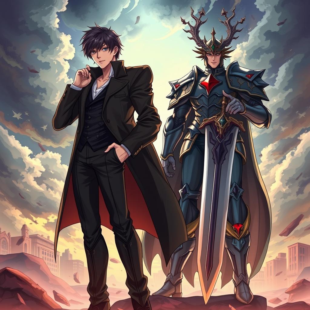 A dynamic crossover illustration featuring Adachi from Persona, depicted with his stylish attire, flourishing a confident yet relaxed expression