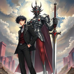 A dynamic crossover illustration featuring Adachi from Persona, depicted with his stylish attire, flourishing a confident yet relaxed expression