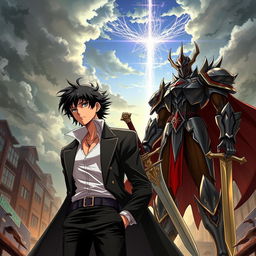A dynamic crossover illustration featuring Adachi from Persona, depicted with his stylish attire, flourishing a confident yet relaxed expression