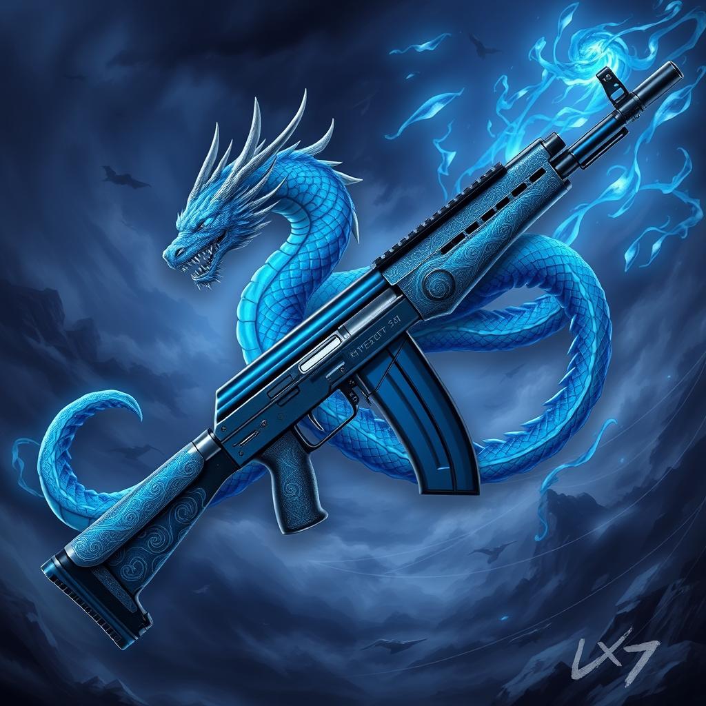 A highly detailed illustration of a Level 7 AK-47 with a blue dragon theme, featuring a mesmerizing design where the dragon is artistically intertwined with the weapon