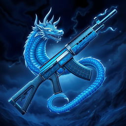 A highly detailed illustration of a Level 7 AK-47 with a blue dragon theme, featuring a mesmerizing design where the dragon is artistically intertwined with the weapon