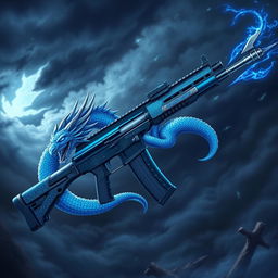 A highly detailed illustration of a Level 7 AK-47 with a blue dragon theme, featuring a mesmerizing design where the dragon is artistically intertwined with the weapon