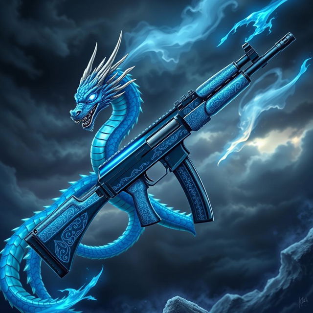 A highly detailed illustration of a Level 7 AK-47 with a blue dragon theme, featuring a mesmerizing design where the dragon is artistically intertwined with the weapon