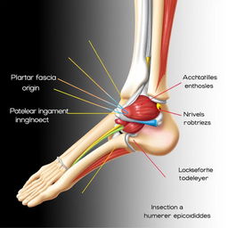 A detailed anatomical illustration showcasing the achilles insertion, plantar fascia origin, patellar ligament entheses, gluteus medius insertion at the greater trochanter, and tendon attachments at the humeral epicondyles