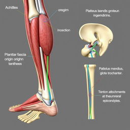 A detailed anatomical illustration showcasing the achilles insertion, plantar fascia origin, patellar ligament entheses, gluteus medius insertion at the greater trochanter, and tendon attachments at the humeral epicondyles