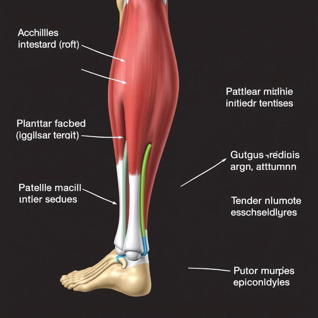 A detailed anatomical illustration showcasing the achilles insertion, plantar fascia origin, patellar ligament entheses, gluteus medius insertion at the greater trochanter, and tendon attachments at the humeral epicondyles