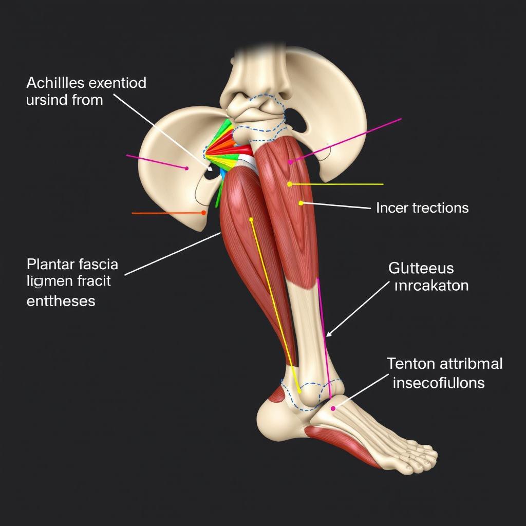 A detailed anatomical illustration showcasing the achilles insertion, plantar fascia origin, patellar ligament entheses, gluteus medius insertion at the greater trochanter, and tendon attachments at the humeral epicondyles