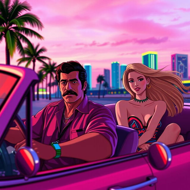 In a vibrant, neon-lit scene reminiscent of GTA Vice City, the character Tommy Vercetti, sporting a stylish mustache and a classic gangster outfit, is sitting in a vintage Buick convertible