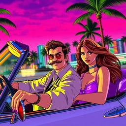 In a vibrant, neon-lit scene reminiscent of GTA Vice City, the character Tommy Vercetti, sporting a stylish mustache and a classic gangster outfit, is sitting in a vintage Buick convertible