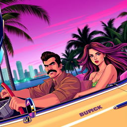 In a vibrant, neon-lit scene reminiscent of GTA Vice City, the character Tommy Vercetti, sporting a stylish mustache and a classic gangster outfit, is sitting in a vintage Buick convertible