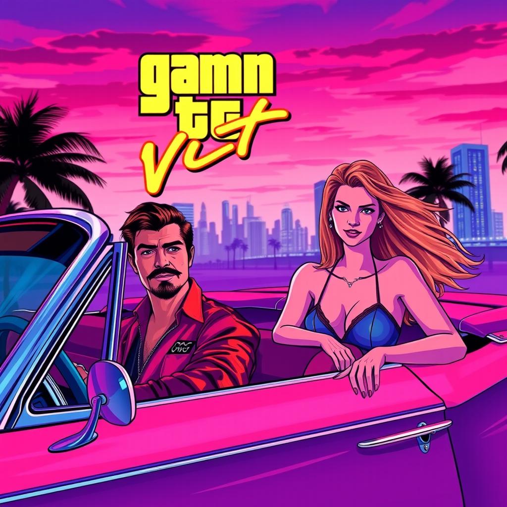 In a vibrant, neon-lit scene reminiscent of GTA Vice City, the character Tommy Vercetti, sporting a stylish mustache and a classic gangster outfit, is sitting in a vintage Buick convertible