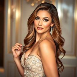 A stunning woman influencer posing confidently in a glamorous formal dress