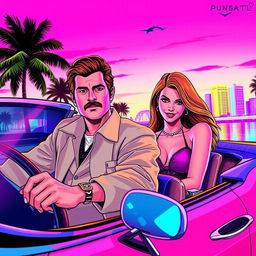 In a vibrant, neon-lit scene inspired by GTA Vice City, the character Tommy Vercetti is depicted with a stylish mustache and dressed in a classic gangster outfit, sitting confidently in a vintage Buick convertible