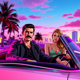 In a vibrant, neon-lit scene inspired by GTA Vice City, the character Tommy Vercetti is depicted with a stylish mustache and dressed in a classic gangster outfit, sitting confidently in a vintage Buick convertible