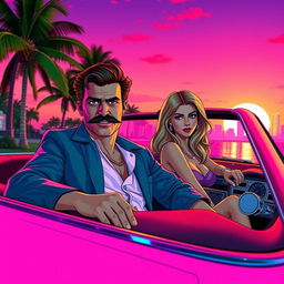 In a vibrant, neon-lit scene inspired by GTA Vice City, the character Tommy Vercetti is depicted with a stylish mustache and dressed in a classic gangster outfit, sitting confidently in a vintage Buick convertible