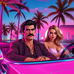In a vibrant, neon-lit scene inspired by GTA Vice City, the character Tommy Vercetti is depicted with a stylish mustache and dressed in a classic gangster outfit, sitting confidently in a vintage Buick convertible