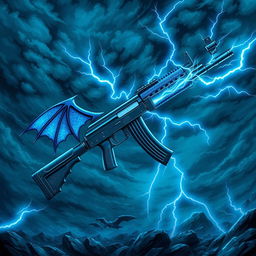 A vividly detailed illustration of an AK-47 featuring a blue dragon theme