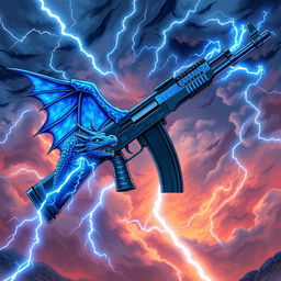 A vividly detailed illustration of an AK-47 featuring a blue dragon theme