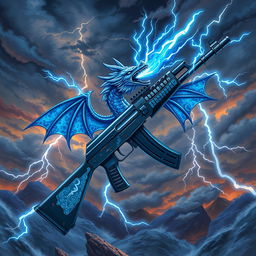 A vividly detailed illustration of an AK-47 featuring a blue dragon theme