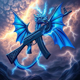 A vividly detailed illustration of an AK-47 featuring a blue dragon theme