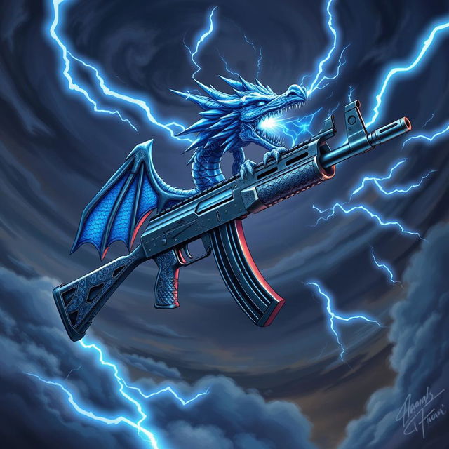 A captivating illustration of an AK-47 inspired by a blue dragon theme