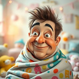 A whimsical and humorous artistic representation of an adult face with playful and exaggerated features, wrapped in a soft, colorful baby swaddle