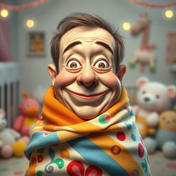 A whimsical and humorous artistic representation of an adult face with playful and exaggerated features, wrapped in a soft, colorful baby swaddle