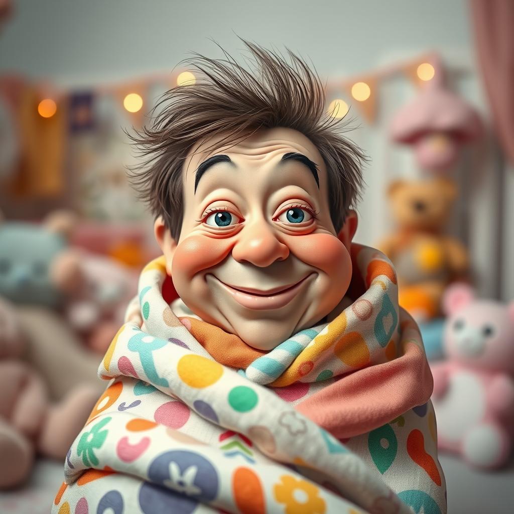 A whimsical and humorous artistic representation of an adult face with playful and exaggerated features, wrapped in a soft, colorful baby swaddle