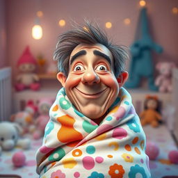 A whimsical and humorous artistic representation of an adult face with playful and exaggerated features, wrapped in a soft, colorful baby swaddle