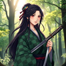 A feminine version of Kamado Tanjiro, featuring a strong yet graceful young woman with long, dark, flowing hair adorned with a few traditional hair ornaments