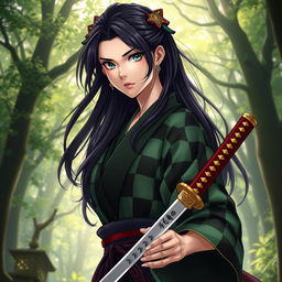 A feminine version of Kamado Tanjiro, featuring a strong yet graceful young woman with long, dark, flowing hair adorned with a few traditional hair ornaments