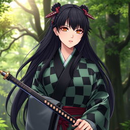 A feminine version of Kamado Tanjiro, featuring a strong yet graceful young woman with long, dark, flowing hair adorned with a few traditional hair ornaments