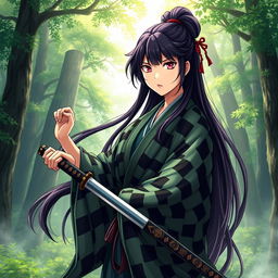 A feminine version of Kamado Tanjiro, featuring a strong yet graceful young woman with long, dark, flowing hair adorned with a few traditional hair ornaments