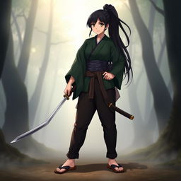 A female version of Kamado Tanjiro, standing confidently with a gentle yet determined expression