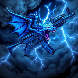 An intricate illustration of a blue dragon-themed AK-47, featuring blue wings firmly attached to the sides of the weapon