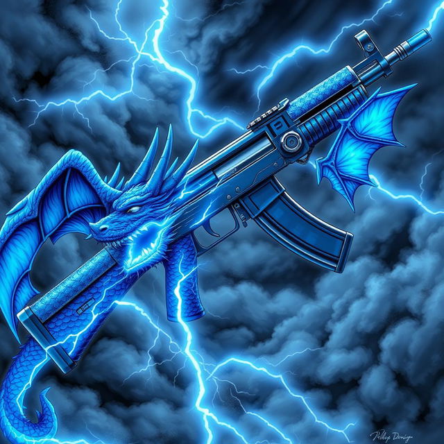 An intricate illustration of a blue dragon-themed AK-47, featuring blue wings firmly attached to the sides of the weapon