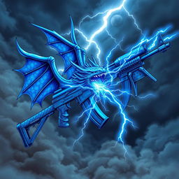 An intricate illustration of a blue dragon-themed AK-47, featuring blue wings firmly attached to the sides of the weapon