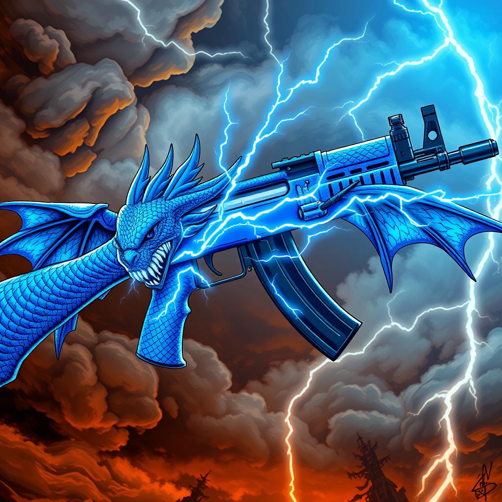 An intricate illustration of a blue dragon-themed AK-47, featuring blue wings firmly attached to the sides of the weapon