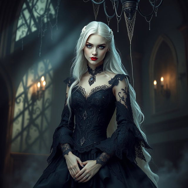 A striking white-haired princess with a hauntingly beautiful appearance