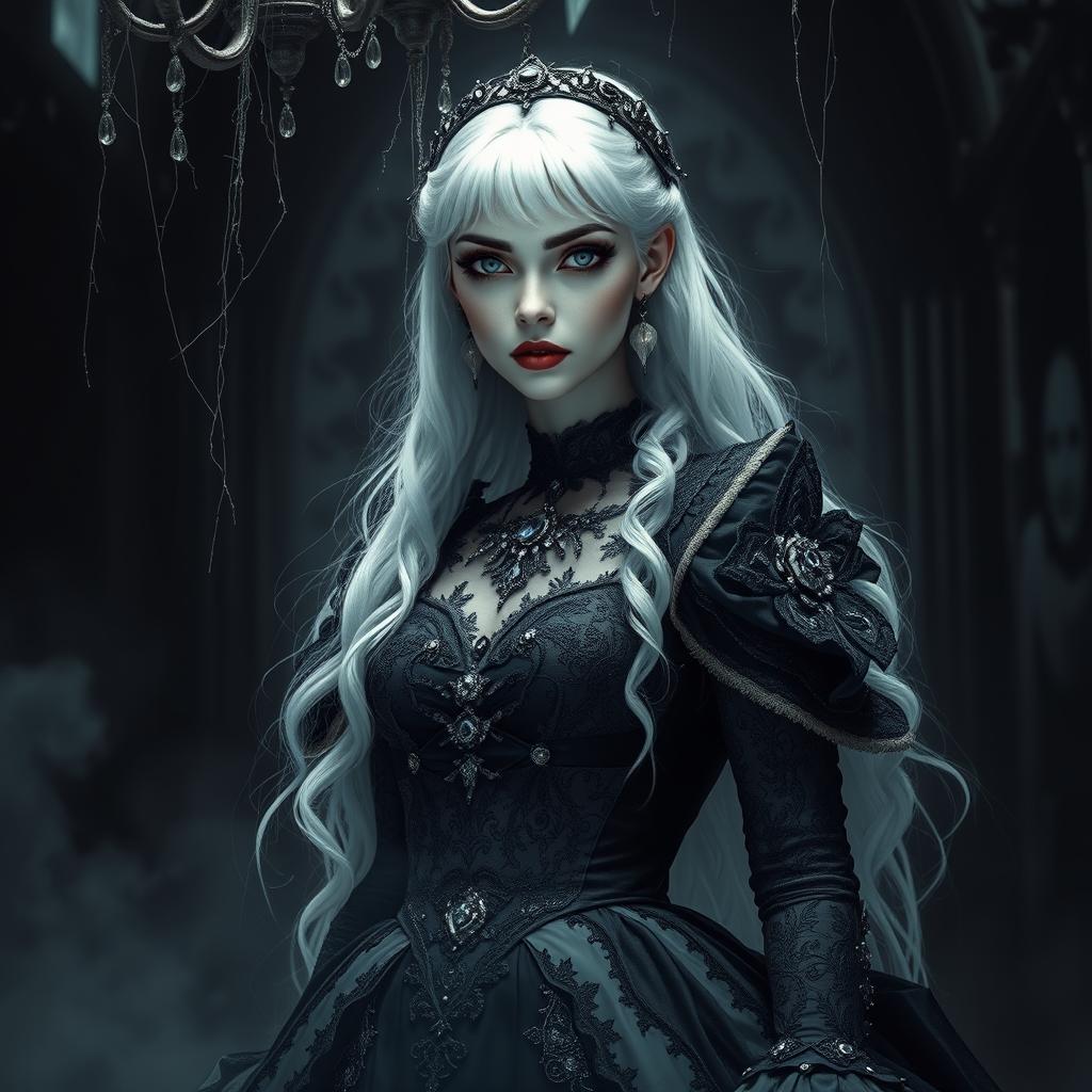 A striking white-haired princess with a hauntingly beautiful appearance