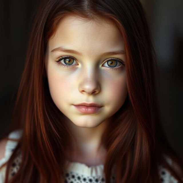 A beautiful portrait of a girl with dark red hair cascading down her shoulders, featuring light brown eyes that sparkle with vitality