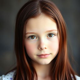A beautiful portrait of a girl with dark red hair cascading down her shoulders, featuring light brown eyes that sparkle with vitality