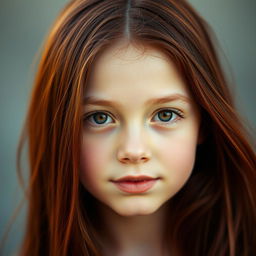 A beautiful portrait of a girl with dark red hair cascading down her shoulders, featuring light brown eyes that sparkle with vitality