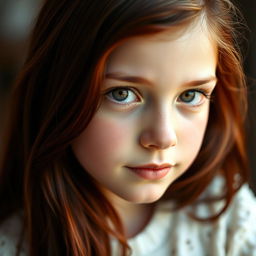 A beautiful portrait of a girl with dark red hair cascading down her shoulders, featuring light brown eyes that sparkle with vitality