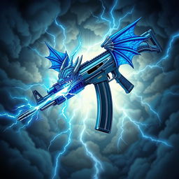 An elaborate illustration of a blue dragon-themed AK-47, with vibrant blue wings firmly attached to either side of the weapon