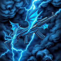 An elaborate illustration of a blue dragon-themed AK-47, with vibrant blue wings firmly attached to either side of the weapon