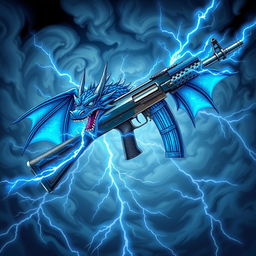 An elaborate illustration of a blue dragon-themed AK-47, with vibrant blue wings firmly attached to either side of the weapon