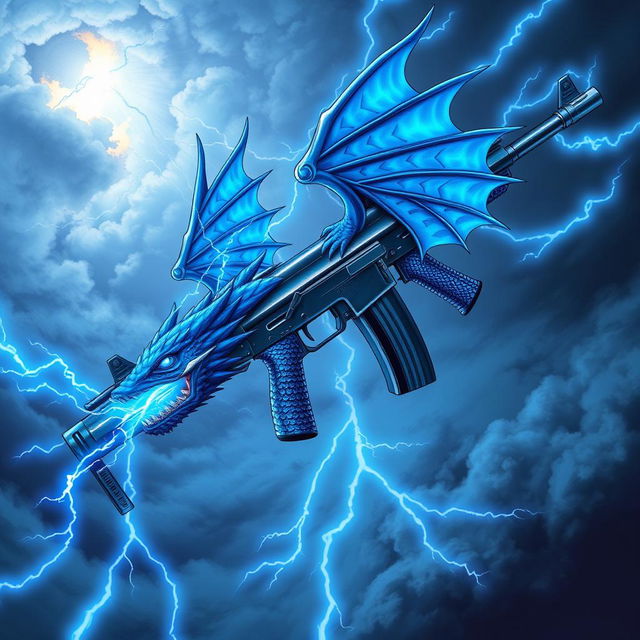 An elaborate illustration of a blue dragon-themed AK-47, with vibrant blue wings firmly attached to either side of the weapon