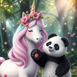 A whimsical scene featuring a Yonicorn, a unicorn with soft, feminine features, adorned with a floral crown made of colorful blossoms and vines